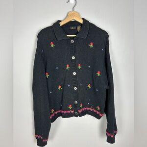 VINTAGE 90s Liz Sport Tulip Cardigan Large Collar Black Floral Cottagecore